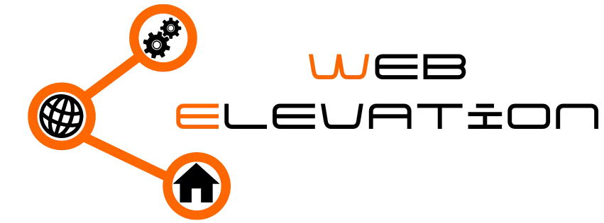 Oranje zwart logo van Web Elevation op de ontwerpen pagina met het internet deelteken en de drie rondjes met in elk rondje een internet icoon zoals de globe, instellingstandwieltjes en huisje van home.