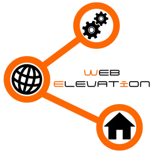Web Elevation Een logo van gemaakt van een deel icoon met in de rondjes een wereldbol, tandwieltjes en een huisje met de woorden Web Elevation